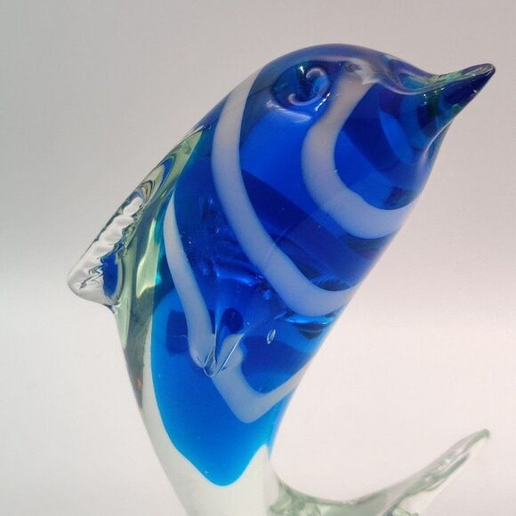Vintage Striped Glass Dolphin Hand Blown Blue White Art Glass Sculpture 7" Rare - Picture 8 of 13